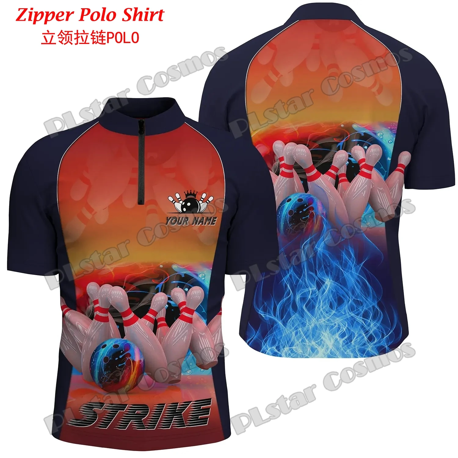 Mens Fashion Quarter Zip - Gepersonaliseerde Rode Vlam Bowlingbal en Pins