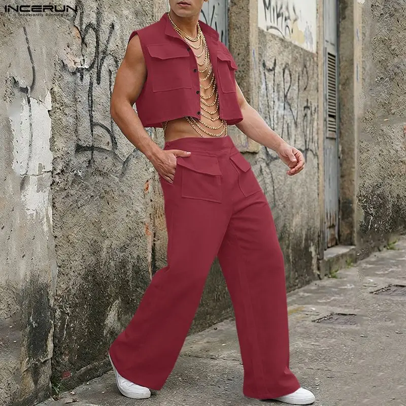 Men'S Spring Fashion - INCERUN Mannen Sets Solid Mouwloze Crop