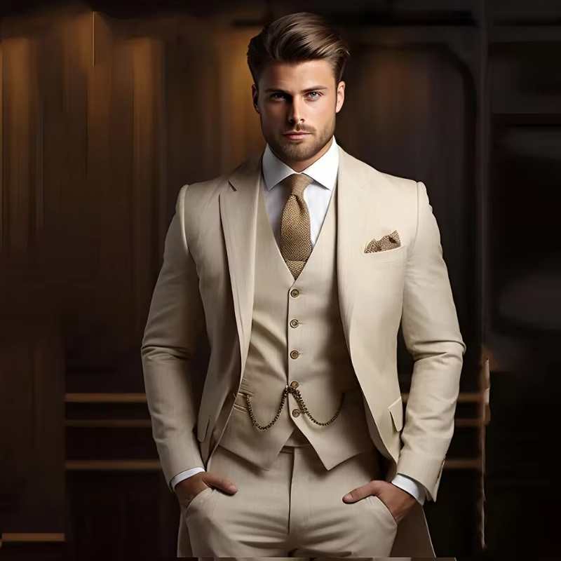 Men'S Fashion Khaki Pants - Formele Herenkostuums voor Bruidegom 3-delig Khaki