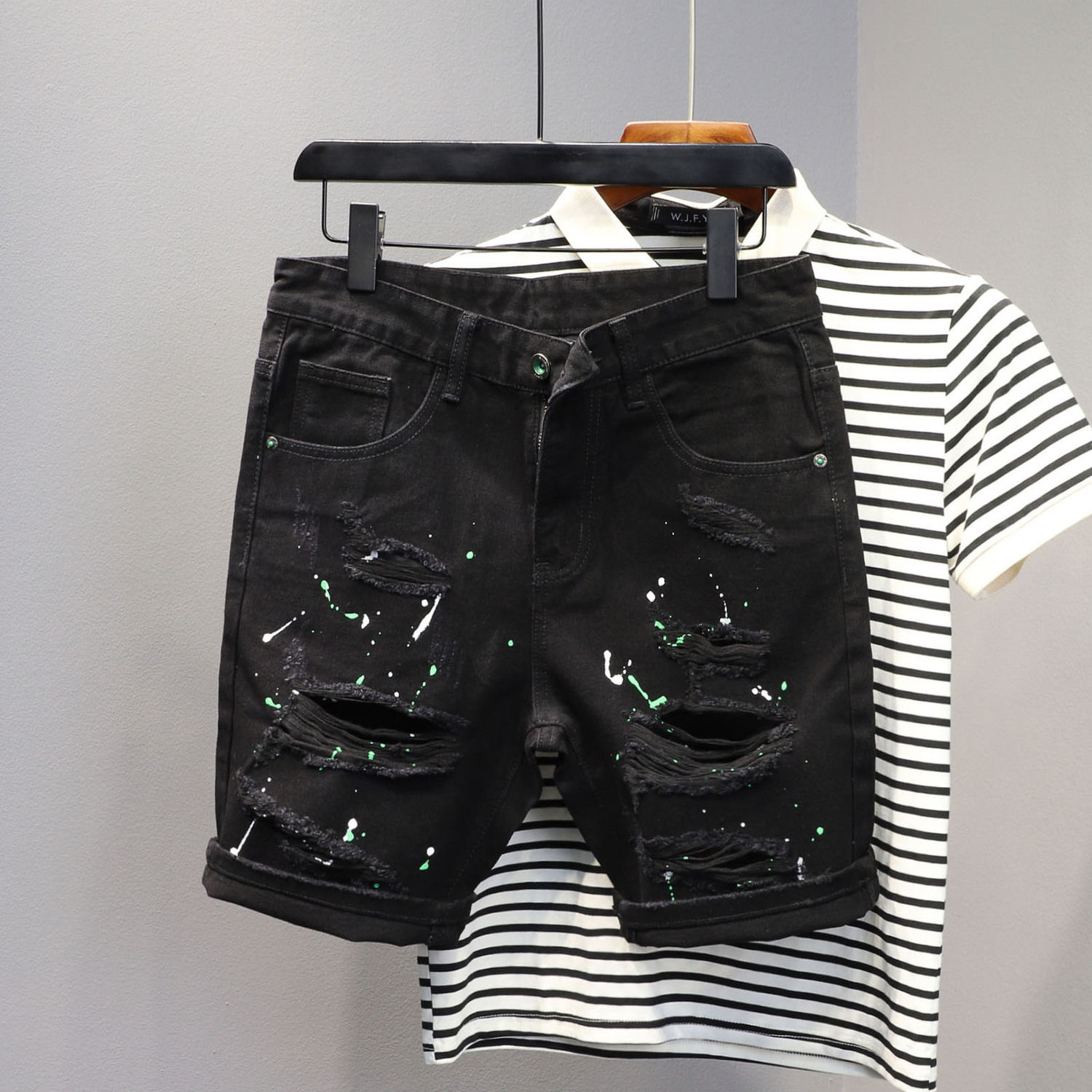 Skinny Jeans Ripped - Skinny korte jeansbroek voor heren Zwarte