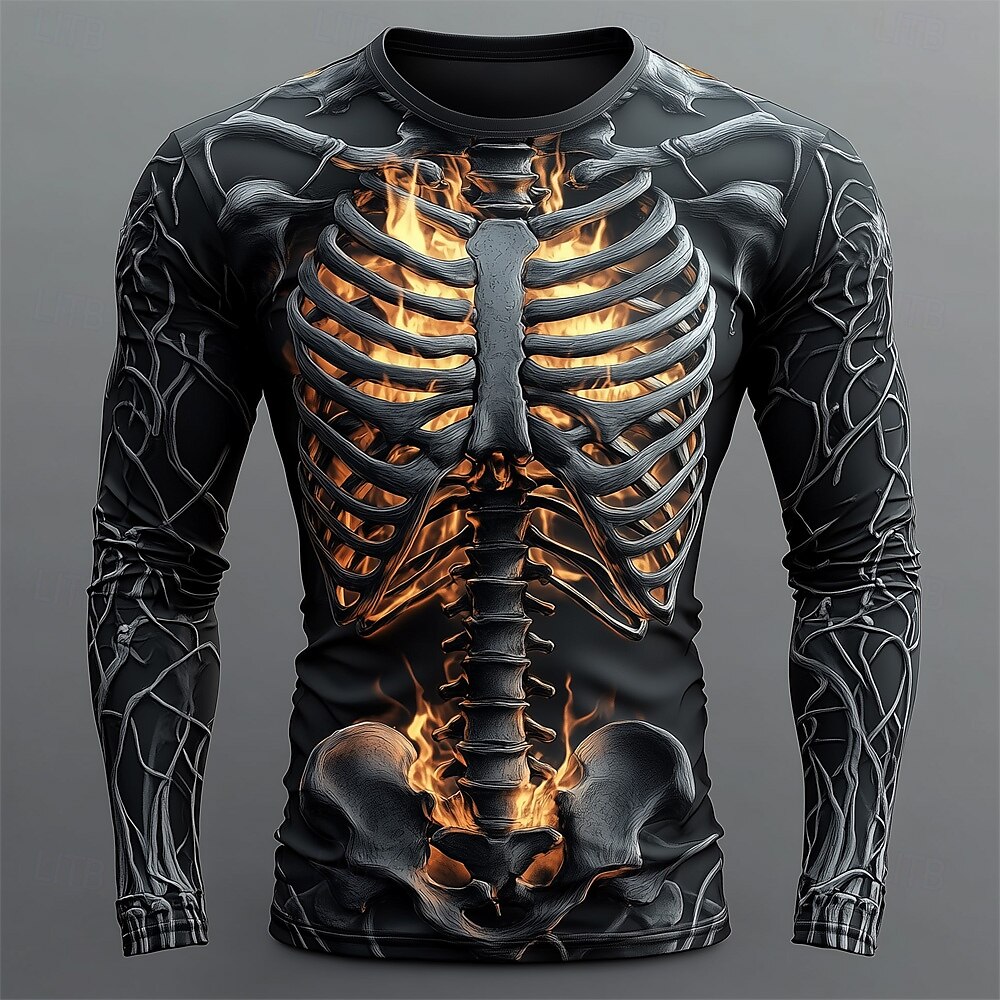 Men'S Spring Fashion - Heren T-shirt met 3D-vlammen-schedelpatroon, lange mouwen,