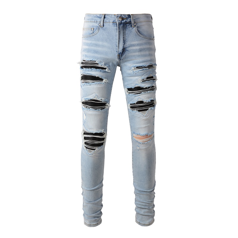 Skinny Jeans Ripped - Heren Zwart Geplooide Patch Biker Jeans